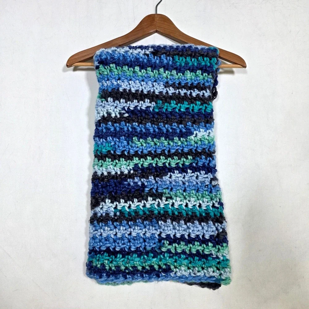 Handmade Crochet Curved Top Cowl Neck Wrap Blue Teal Navy Green Striped Yarn